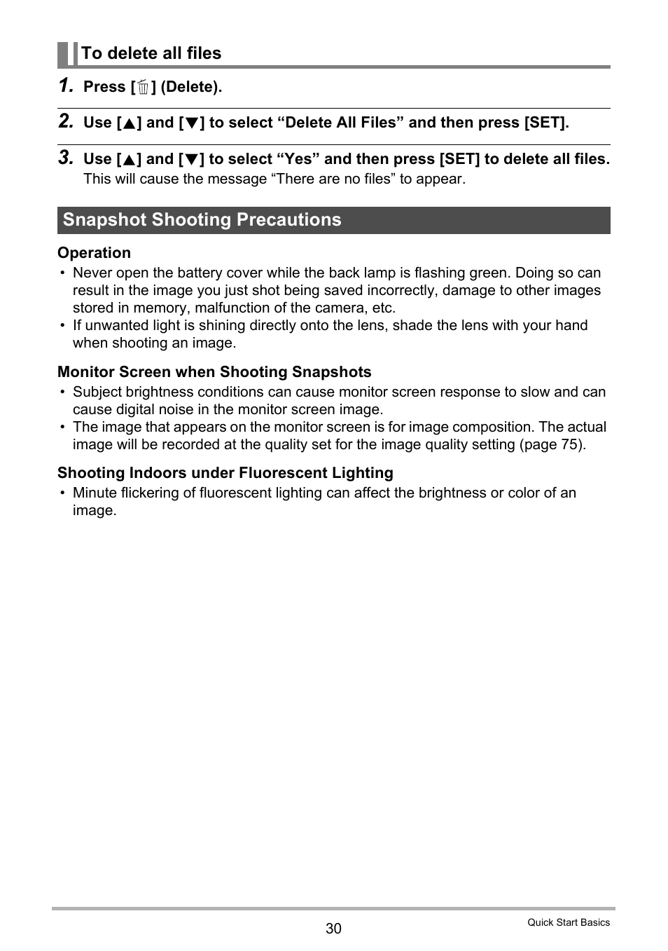 To delete all files, Snapshot shooting precautions | Casio EX-H5 User Manual | Page 30 / 186