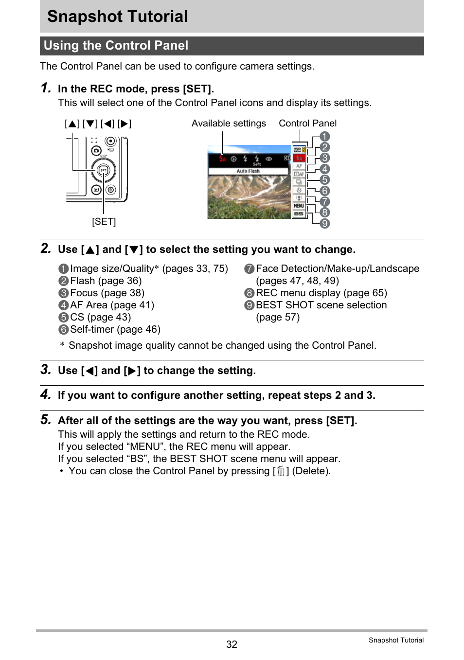 Snapshot tutorial, Using the control panel | Casio EX-H5 User Manual | Page 32 / 186