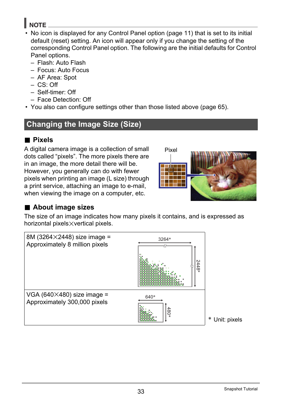 Changing the image size (size), Pixels, About image sizes | Casio EX-H5 User Manual | Page 33 / 186