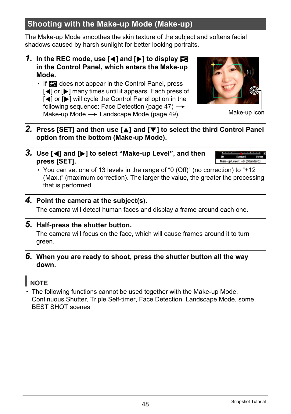 Shooting with the make-up mode (make-up) | Casio EX-H5 User Manual | Page 48 / 186