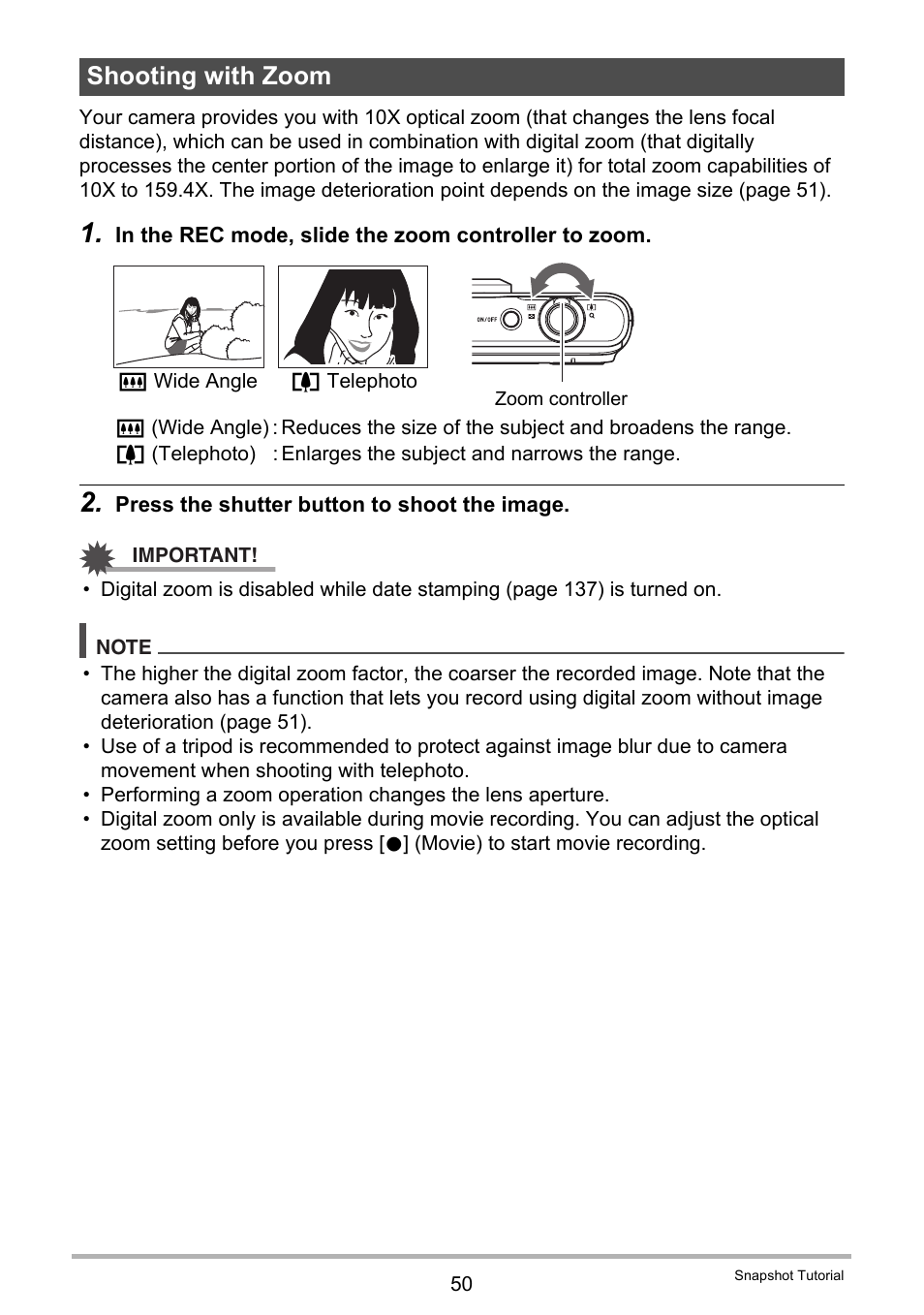 Shooting with zoom | Casio EX-H5 User Manual | Page 50 / 186