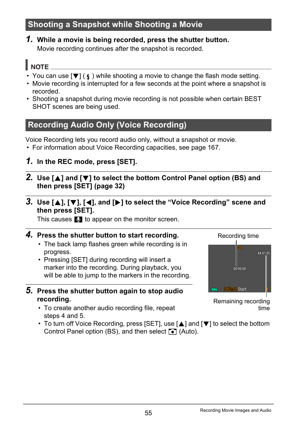 Shooting a snapshot while shooting a movie, Recording audio only (voice recording) | Casio EX-H5 User Manual | Page 55 / 186