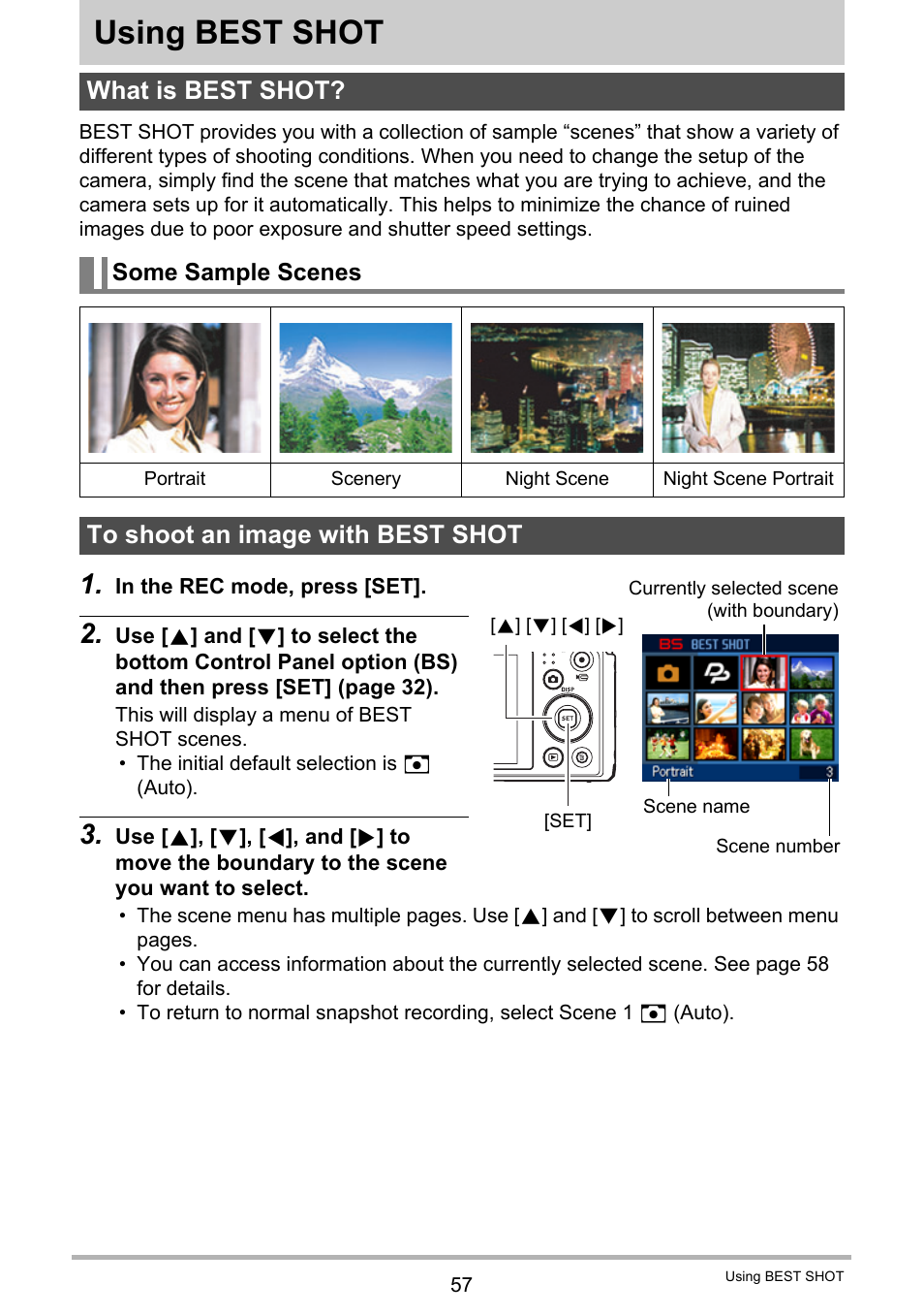 Using best shot, What is best shot, Some sample scenes | To shoot an image with best shot, 57), you can sel | Casio EX-H5 User Manual | Page 57 / 186