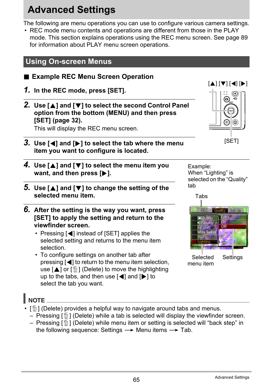 Advanced settings, Using on-screen menus | Casio EX-H5 User Manual | Page 65 / 186