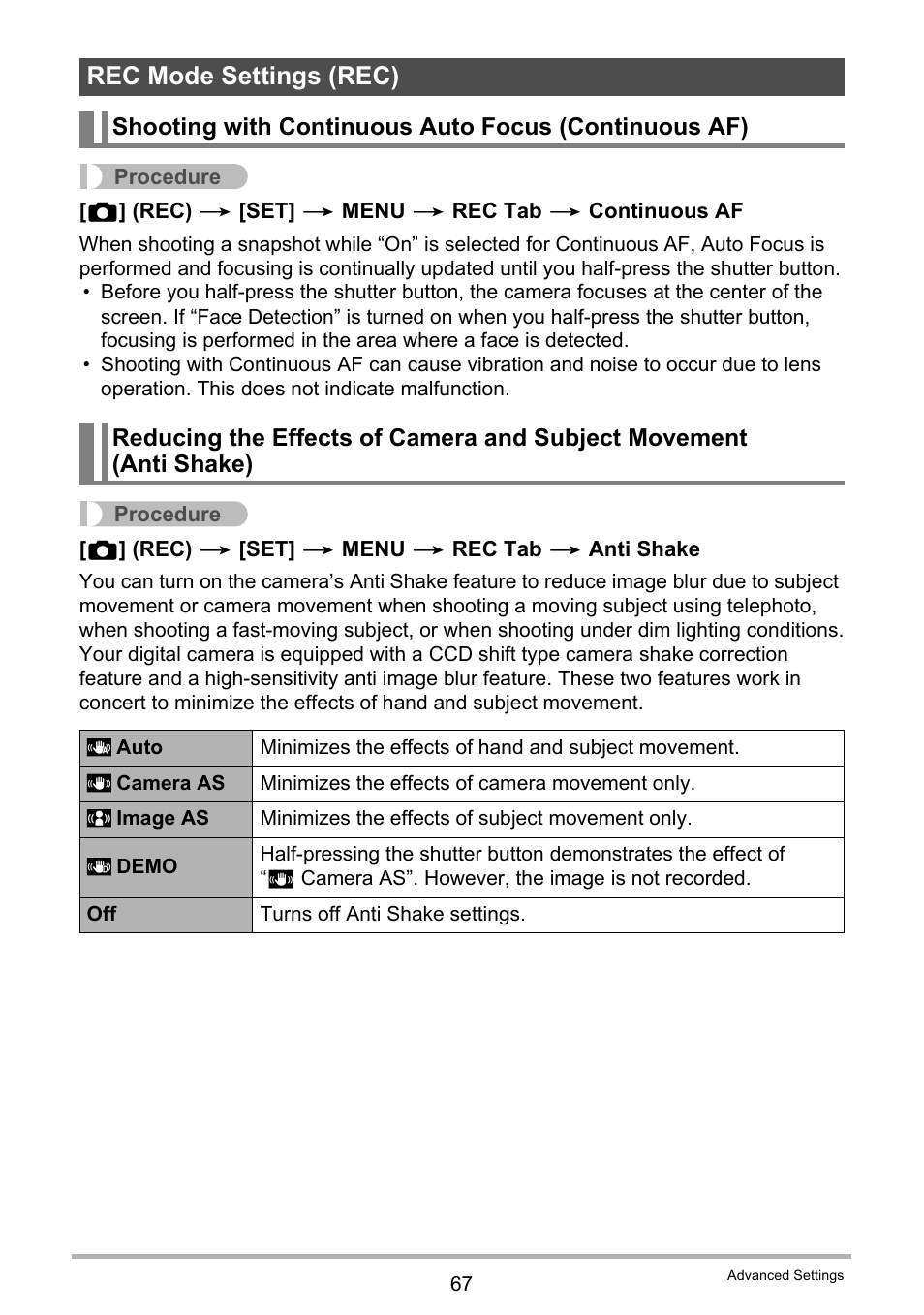 Rec mode settings (rec), Ge 67) | Casio EX-H5 User Manual | Page 67 / 186