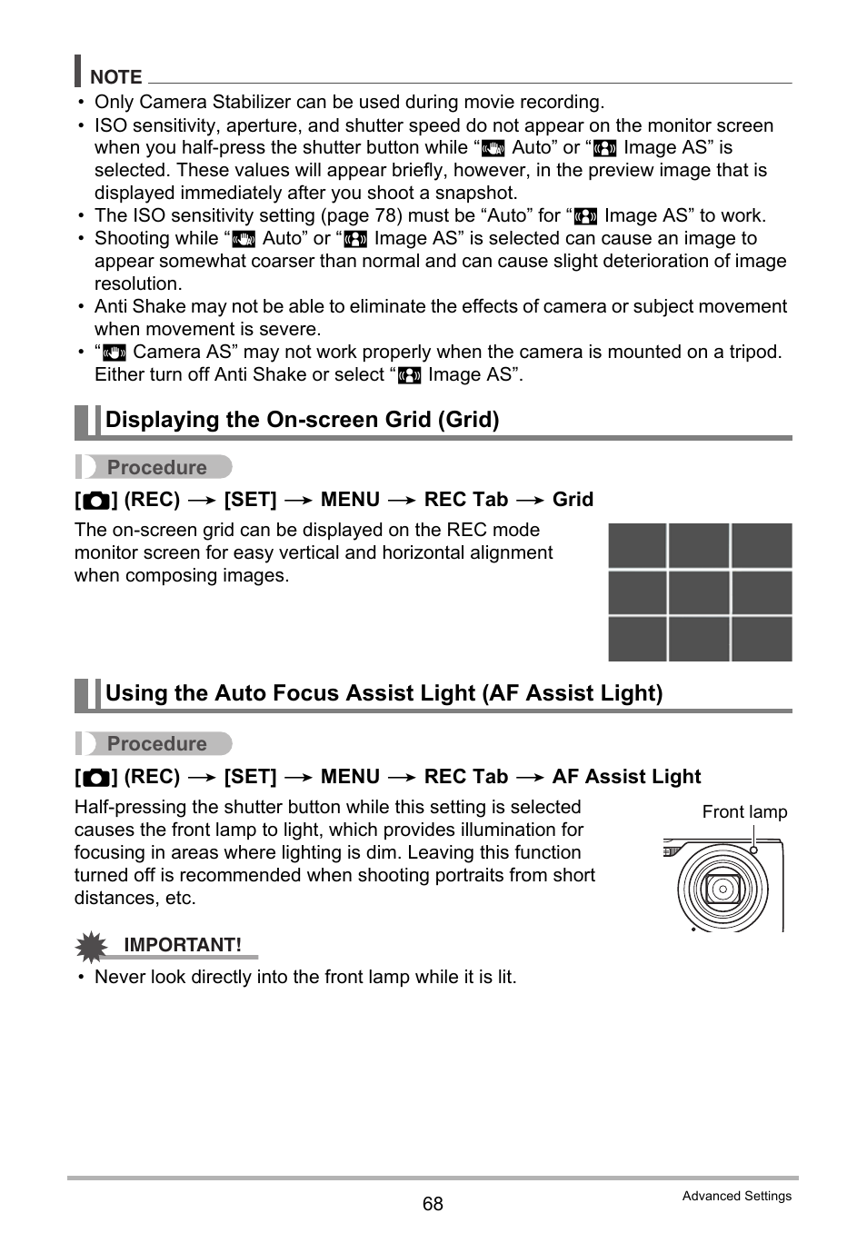 Displaying the on-screen grid (grid) | Casio EX-H5 User Manual | Page 68 / 186