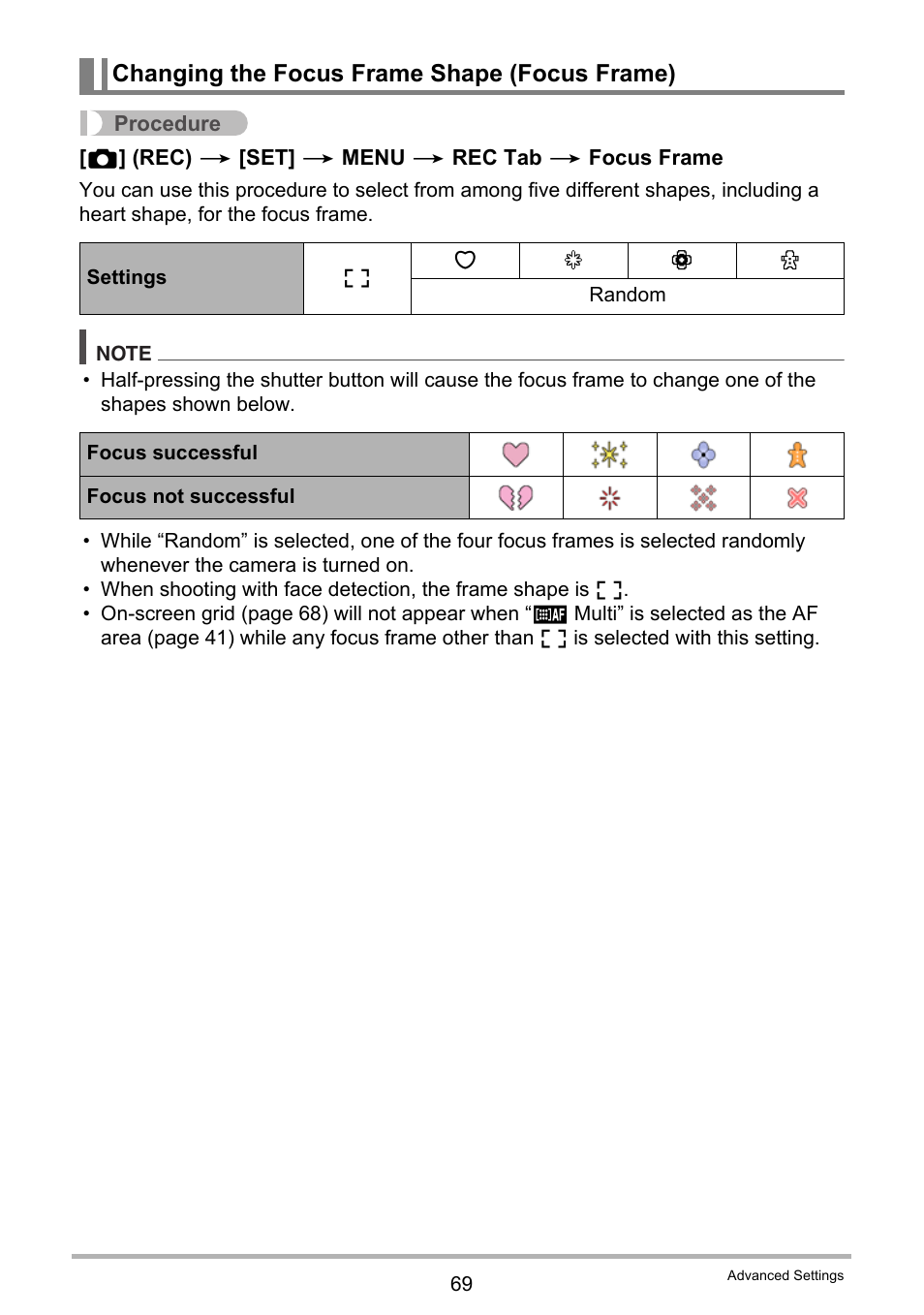 Changing the focus frame shape (focus frame) | Casio EX-H5 User Manual | Page 69 / 186