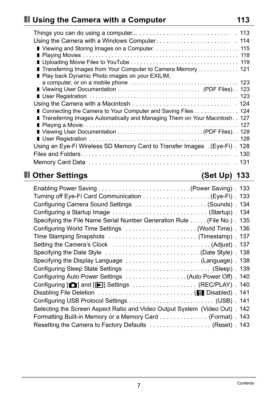 Using the camera with a computer 113, Other settings (set up) 133 | Casio EX-H5 User Manual | Page 7 / 186