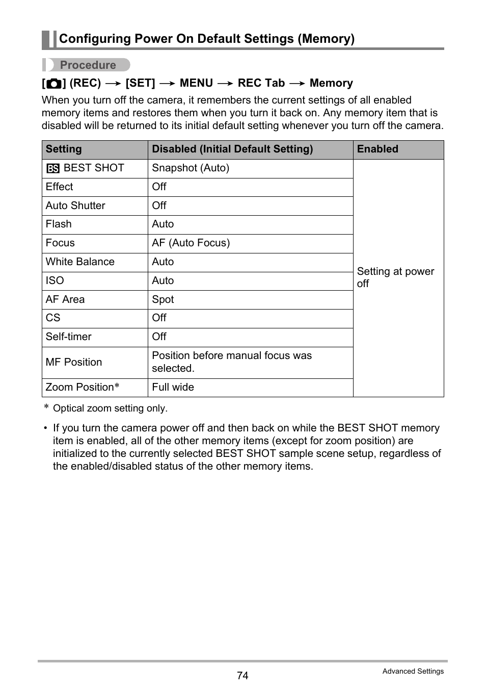 Configuring power on default settings (memory) | Casio EX-H5 User Manual | Page 74 / 186