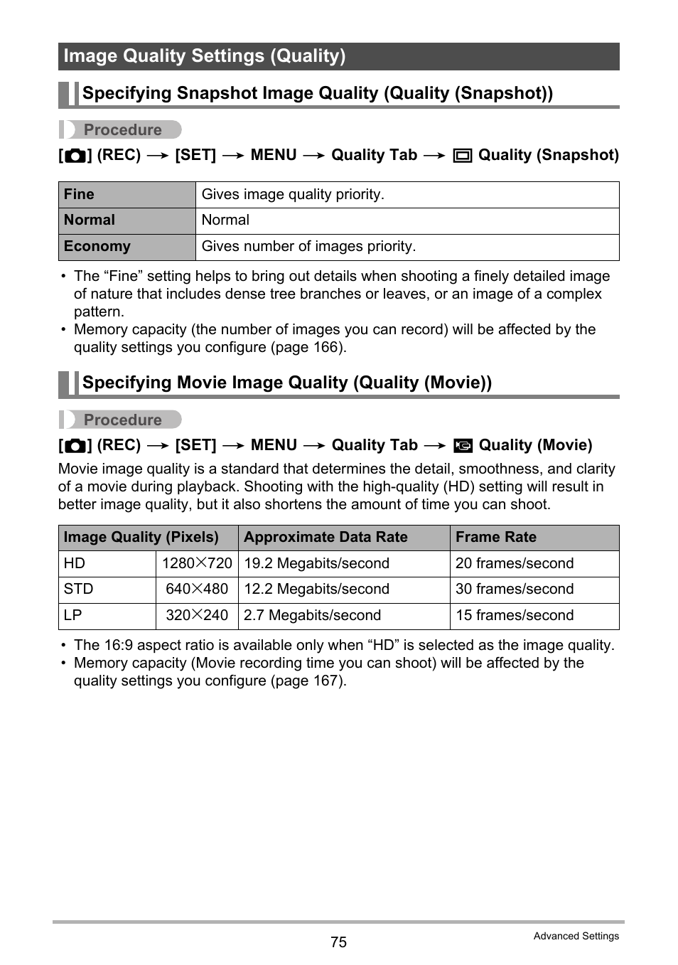 Image quality settings (quality), Specifying movie image quality (quality (movie)) | Casio EX-H5 User Manual | Page 75 / 186