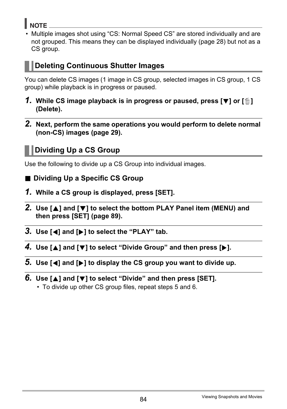 Deleting continuous shutter images, Dividing up a cs group | Casio EX-H5 User Manual | Page 84 / 186