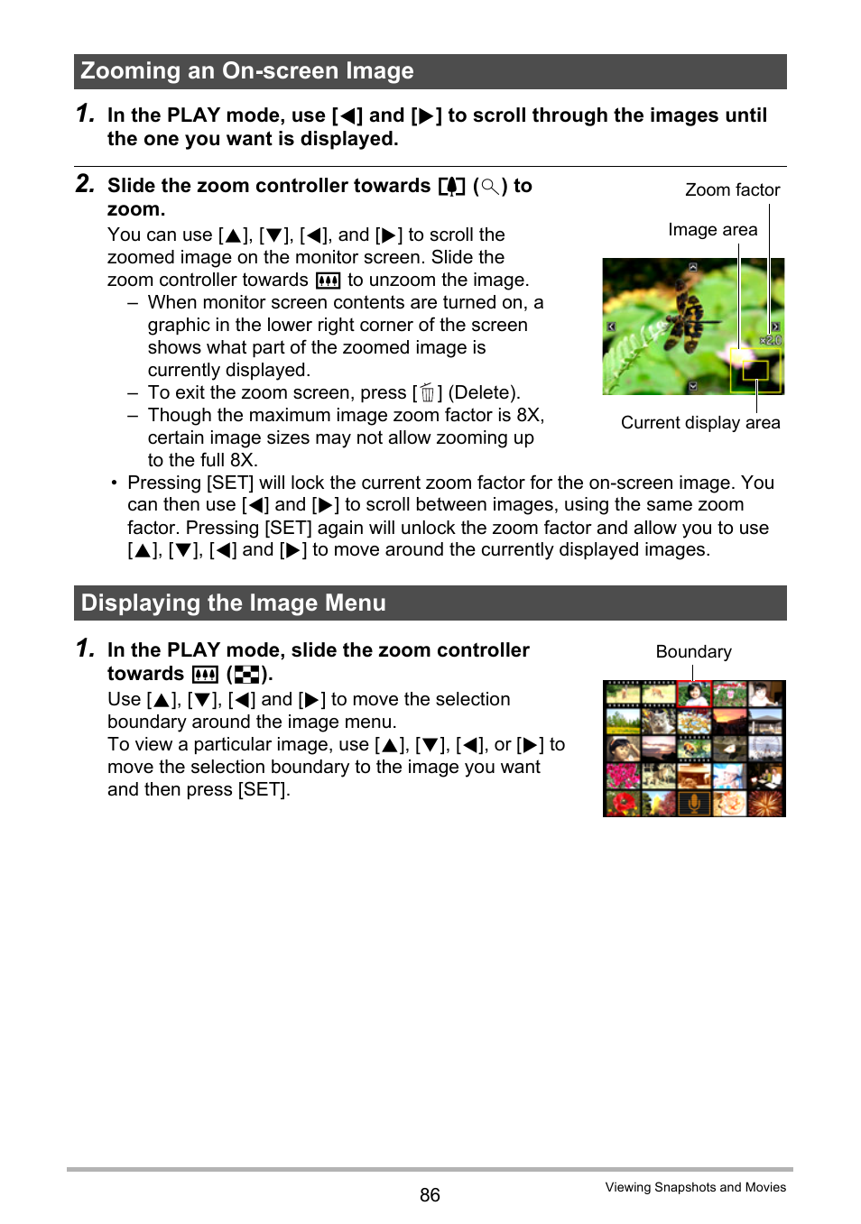 Zooming an on-screen image, Displaying the image menu, Age 86) | Casio EX-H5 User Manual | Page 86 / 186