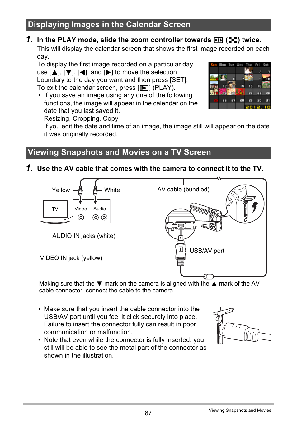 Displaying images in the calendar screen, Viewing snapshots and movies on a tv screen | Casio EX-H5 User Manual | Page 87 / 186