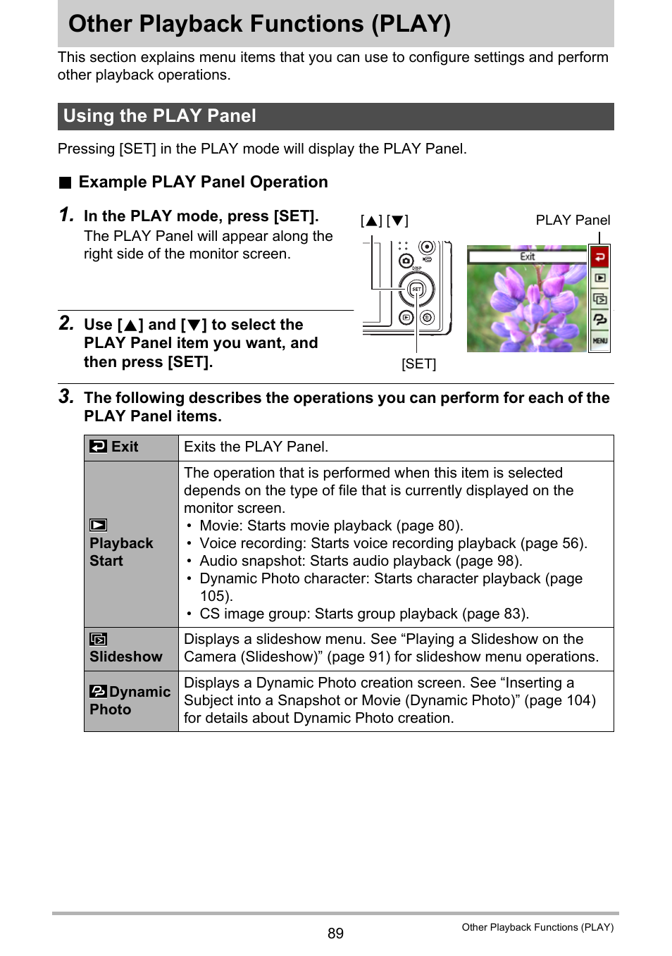 Other playback functions (play), Using the play panel, Other playback functions | Play) 89 | Casio EX-H5 User Manual | Page 89 / 186