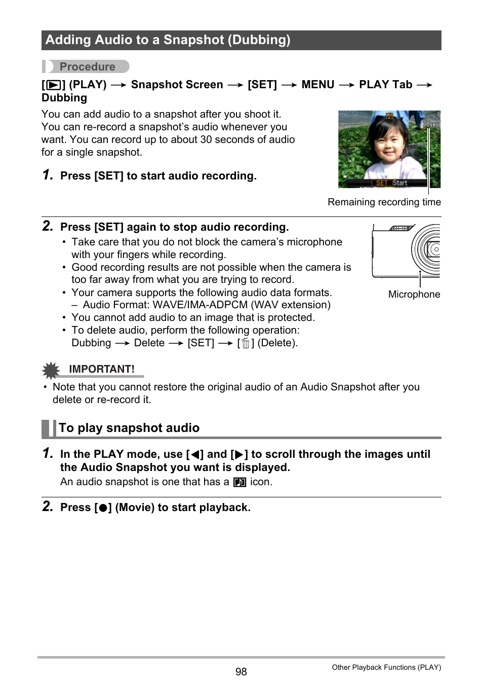 Adding audio to a snapshot (dubbing), To play snapshot audio | Casio EX-H5 User Manual | Page 98 / 186