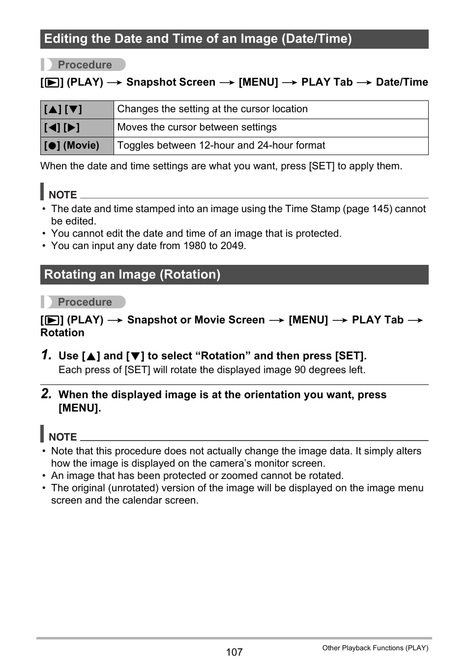 Editing the date and time of an image (date/time), Rotating an image (rotation) | Casio EX-H35 User Manual | Page 107 / 180