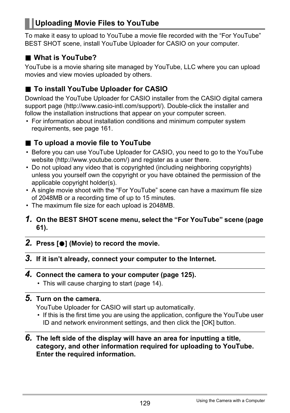 Uploading movie files to youtube | Casio EX-H35 User Manual | Page 129 / 180