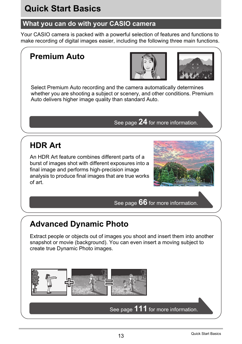 Quick start basics, What you can do with your casio camera, Premium auto advanced dynamic photo | Hdr art | Casio EX-H35 User Manual | Page 13 / 180