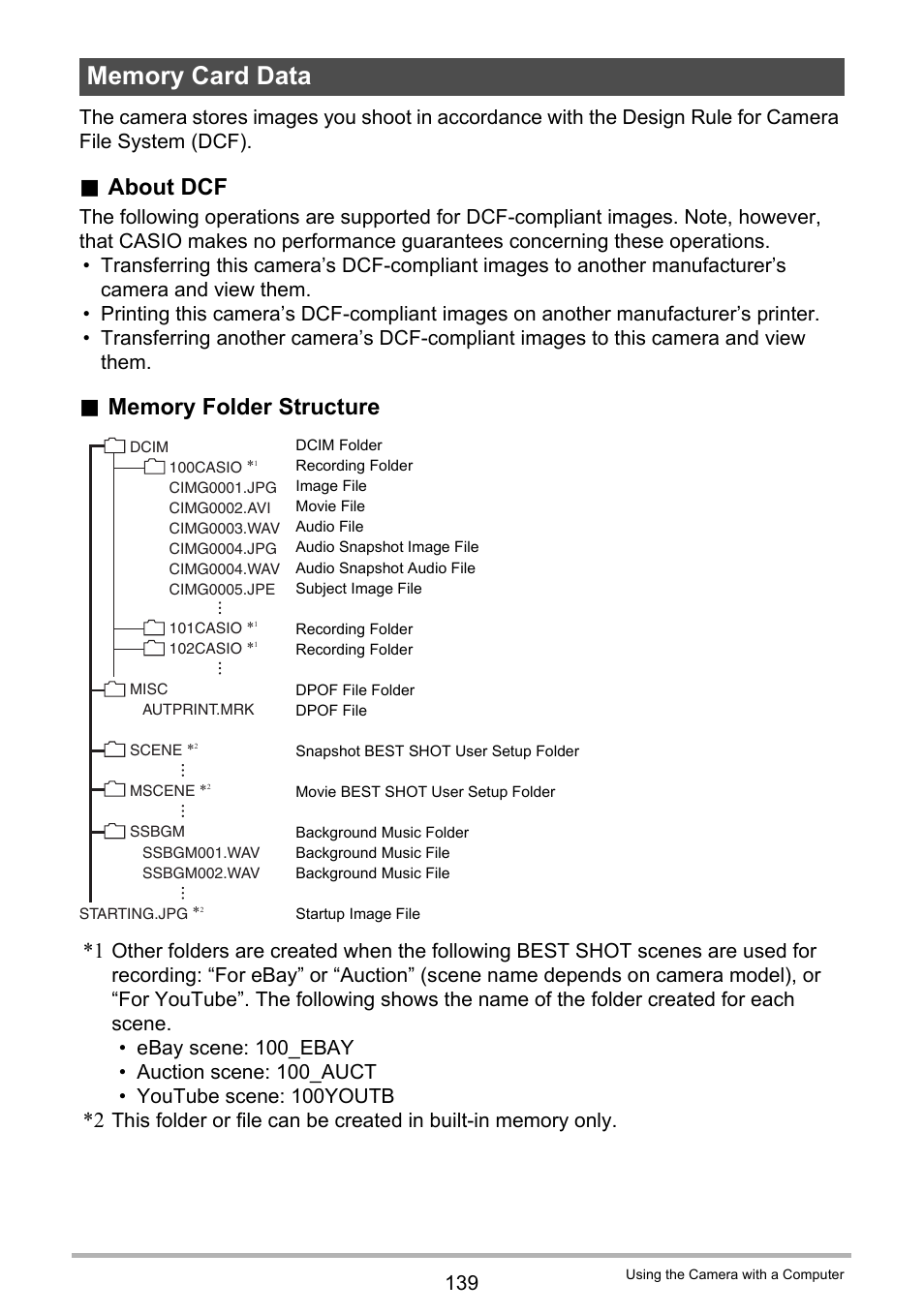 Memory card data, Nized in memory, see “memory folder, About dcf | Casio EX-H35 User Manual | Page 139 / 180