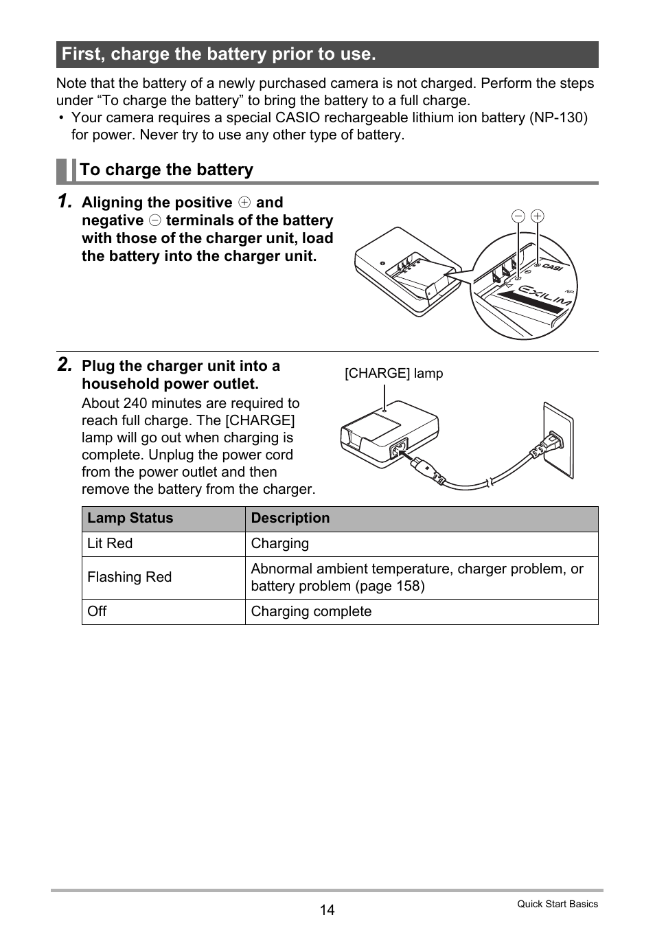 First, charge the battery prior to use, To charge the battery | Casio EX-H35 User Manual | Page 14 / 180
