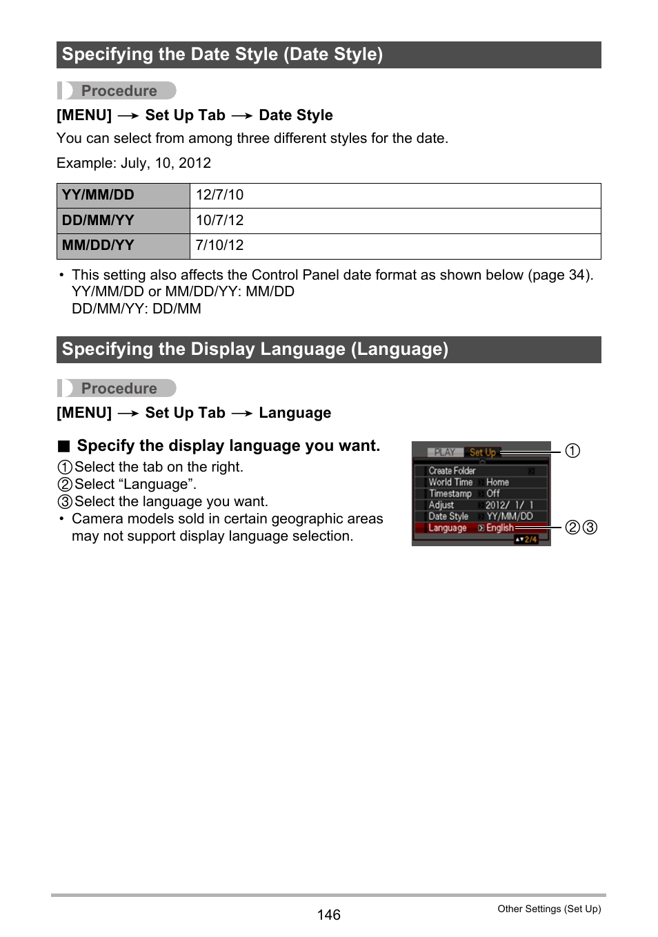 Specifying the date style (date style), Specifying the display language (language), E 146). n | Casio EX-H35 User Manual | Page 146 / 180