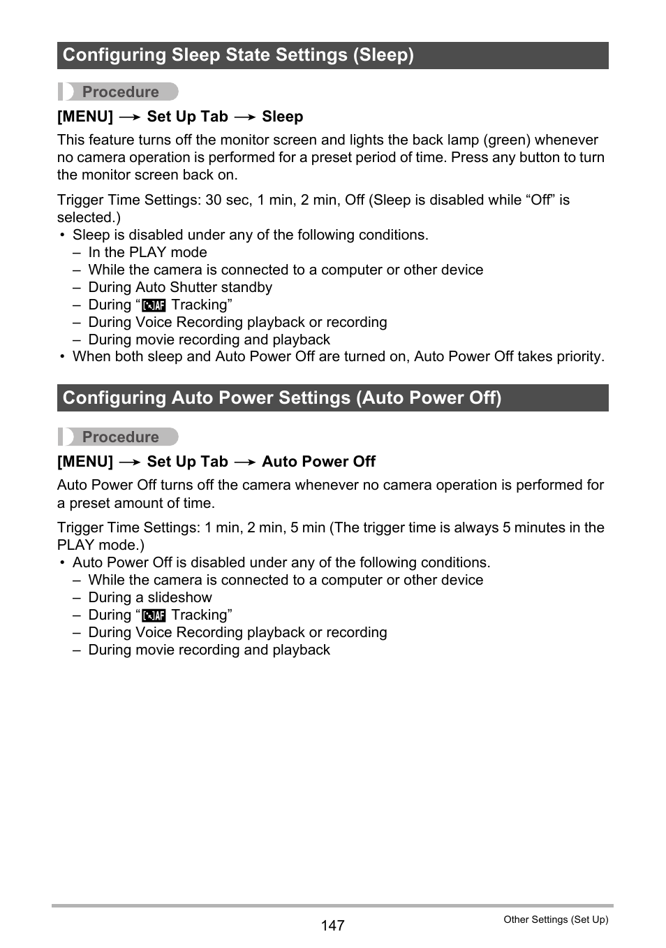 Configuring sleep state settings (sleep), Configuring auto power settings (auto power off), Ge 147) | Casio EX-H35 User Manual | Page 147 / 180