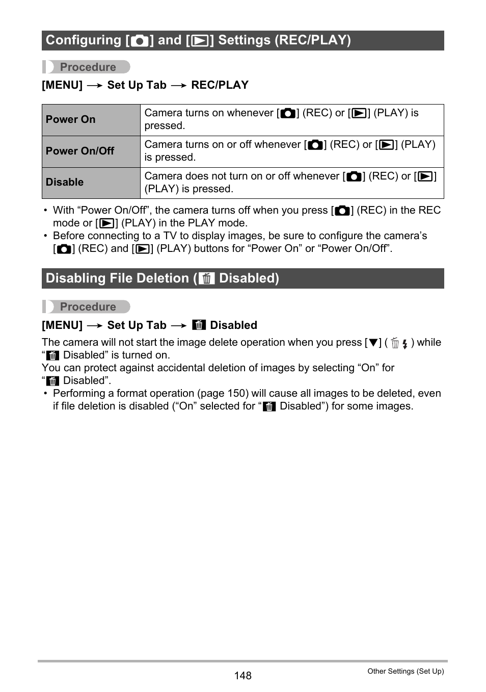 Configuring [_] and [>] settings (rec/play), Disabling file deletion (_ disabled), Configuring [ r ] and [ p ] settings (rec/play) | Disabling file deletion ( ü, Disabled) | Casio EX-H35 User Manual | Page 148 / 180