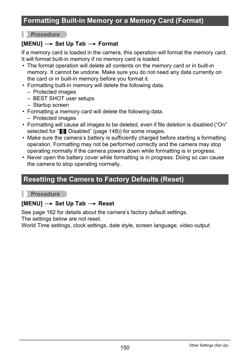 Resetting the camera to factory defaults (reset) | Casio EX-H35 User Manual | Page 150 / 180