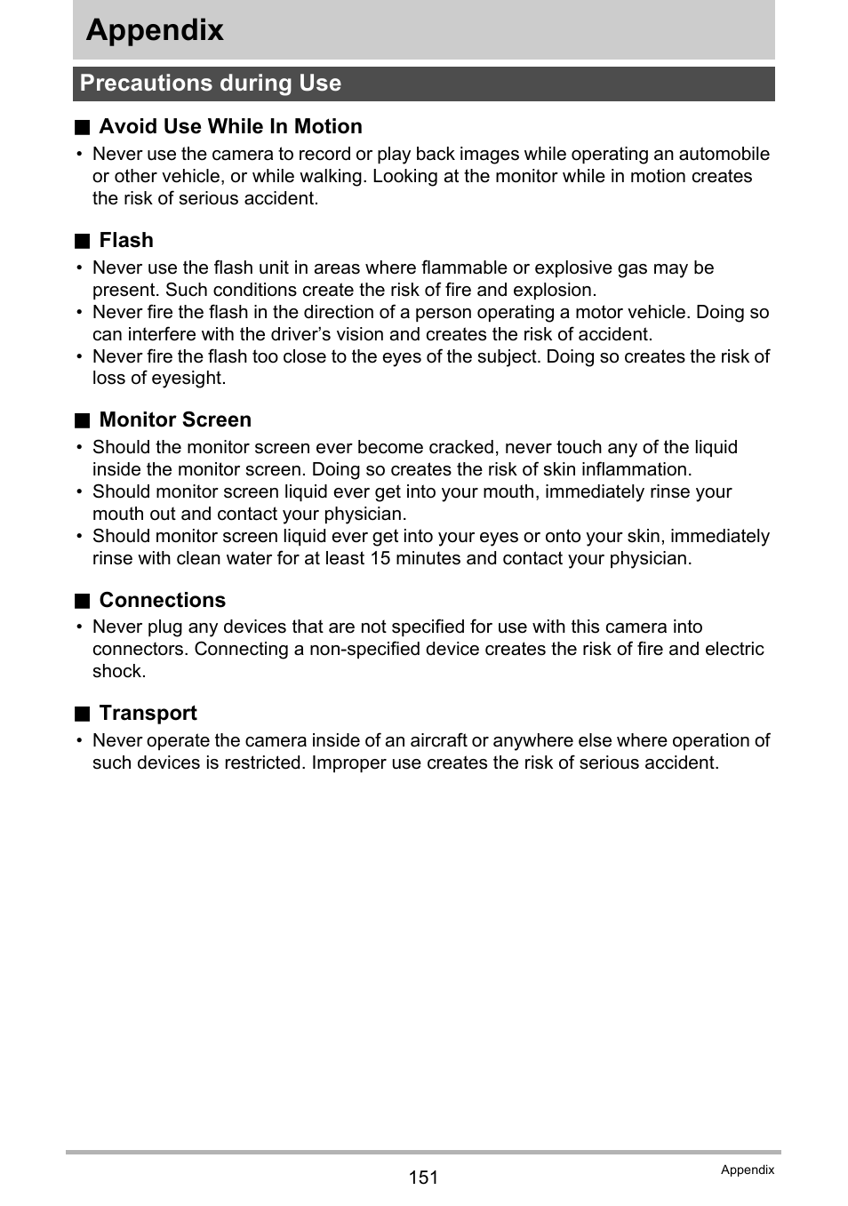 Appendix, Precautions during use | Casio EX-H35 User Manual | Page 151 / 180
