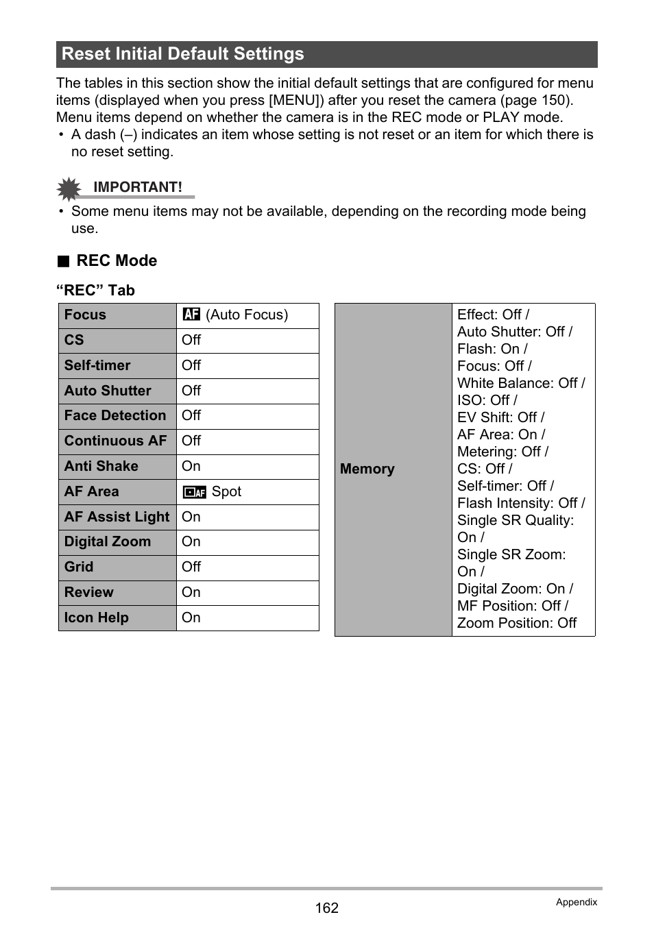 Reset initial default settings | Casio EX-H35 User Manual | Page 162 / 180