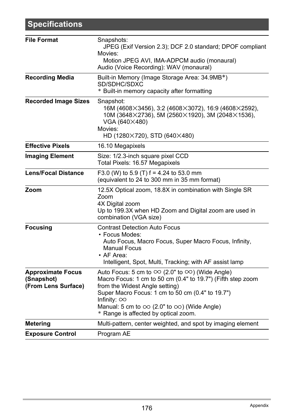 Specifications | Casio EX-H35 User Manual | Page 176 / 180