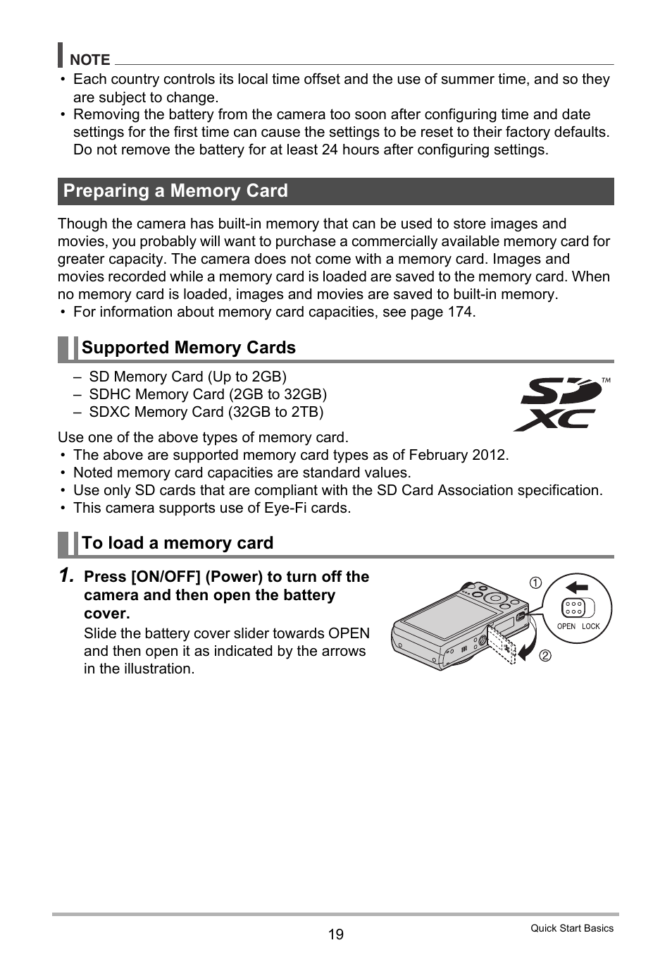Preparing a memory card, Supported memory cards, To load a memory card | Casio EX-H35 User Manual | Page 19 / 180