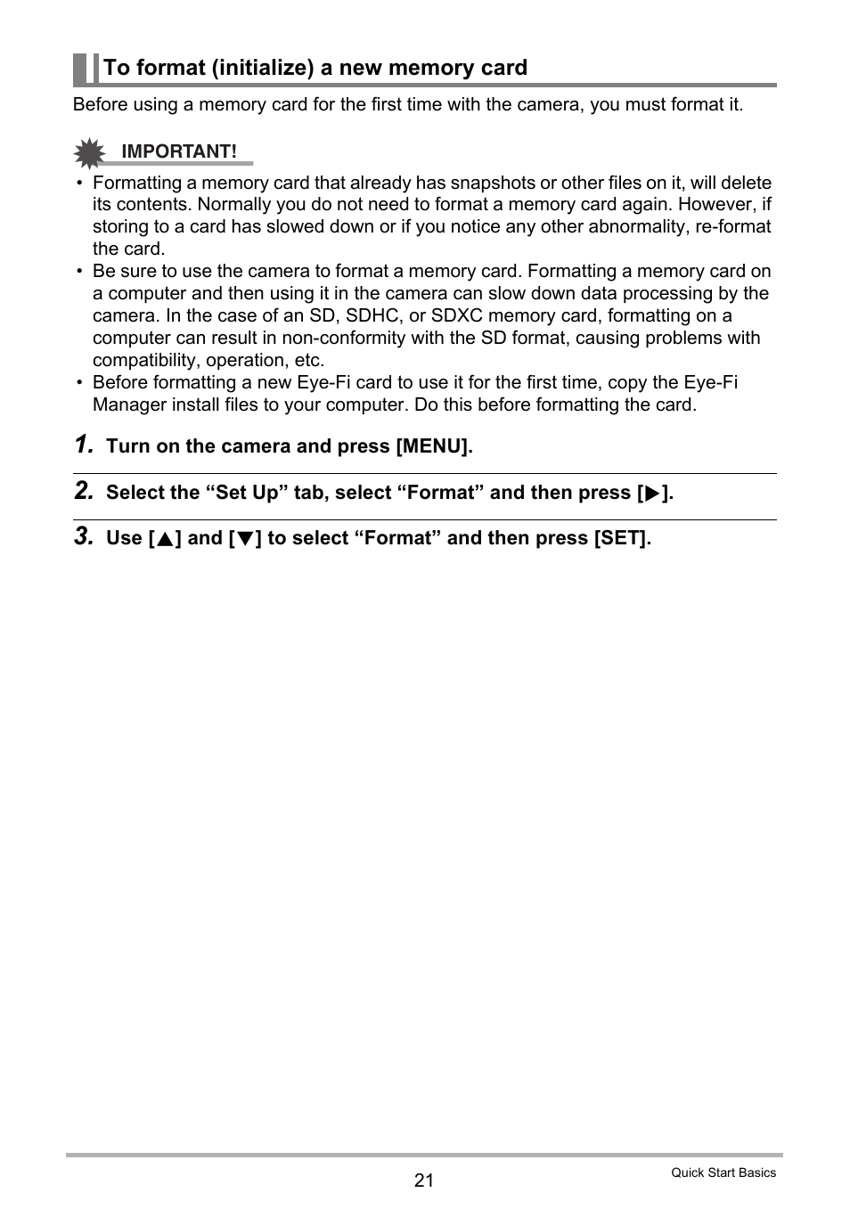 To format (initialize) a new memory card | Casio EX-H35 User Manual | Page 21 / 180