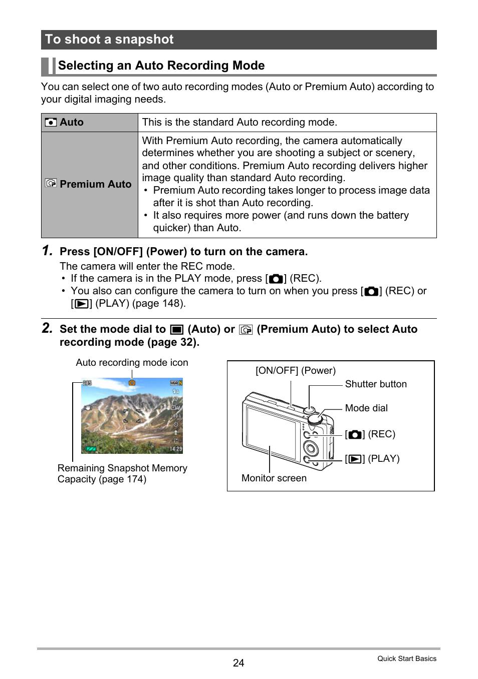 To shoot a snapshot, Selecting an auto recording mode | Casio EX-H35 User Manual | Page 24 / 180