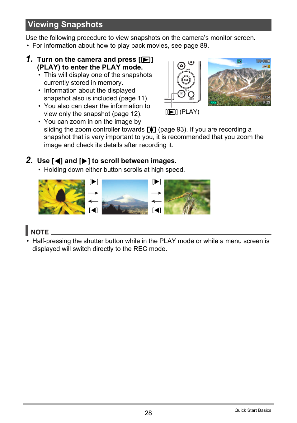 Viewing snapshots, Ges 28 | Casio EX-H35 User Manual | Page 28 / 180