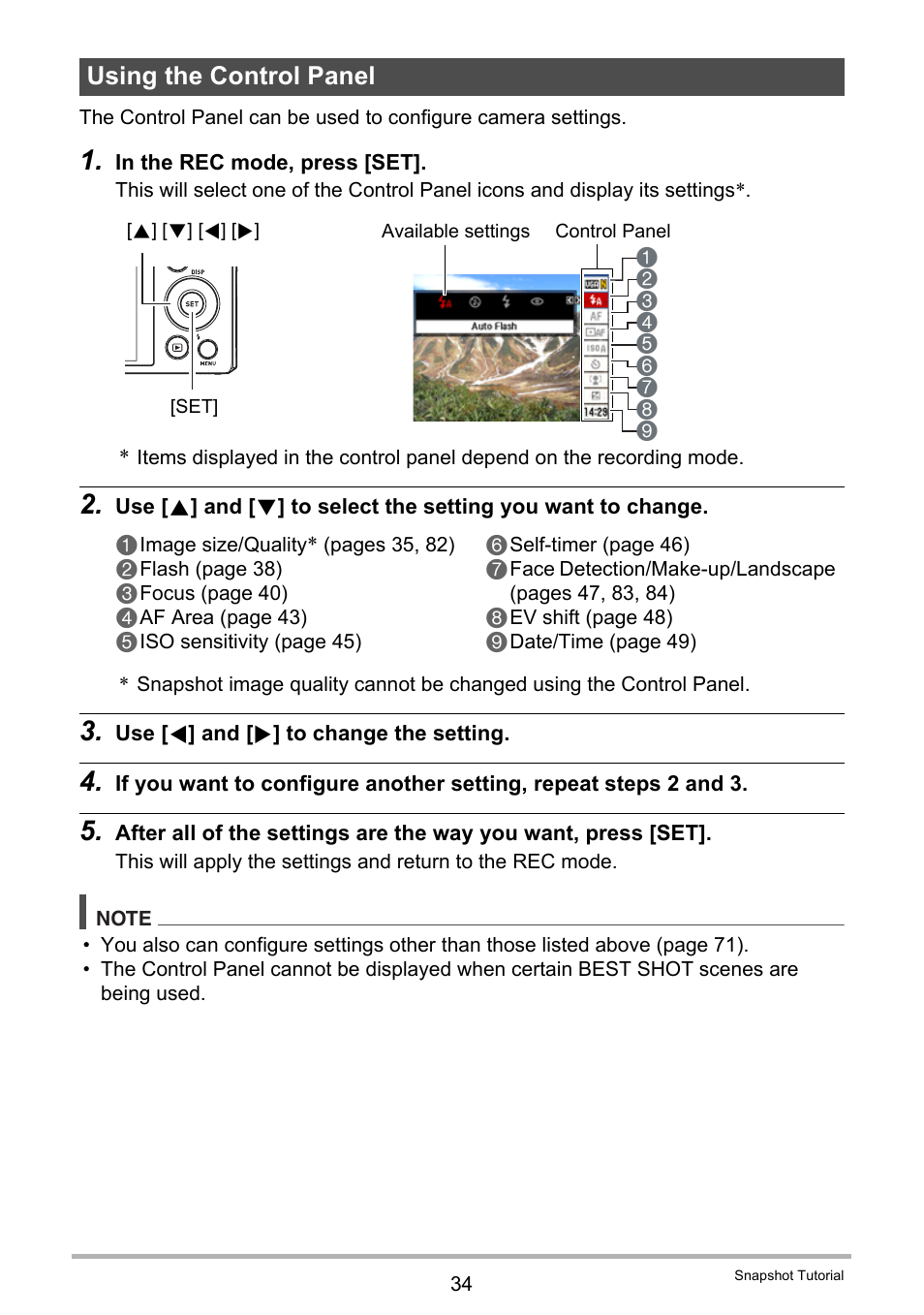 Using the control panel | Casio EX-H35 User Manual | Page 34 / 180