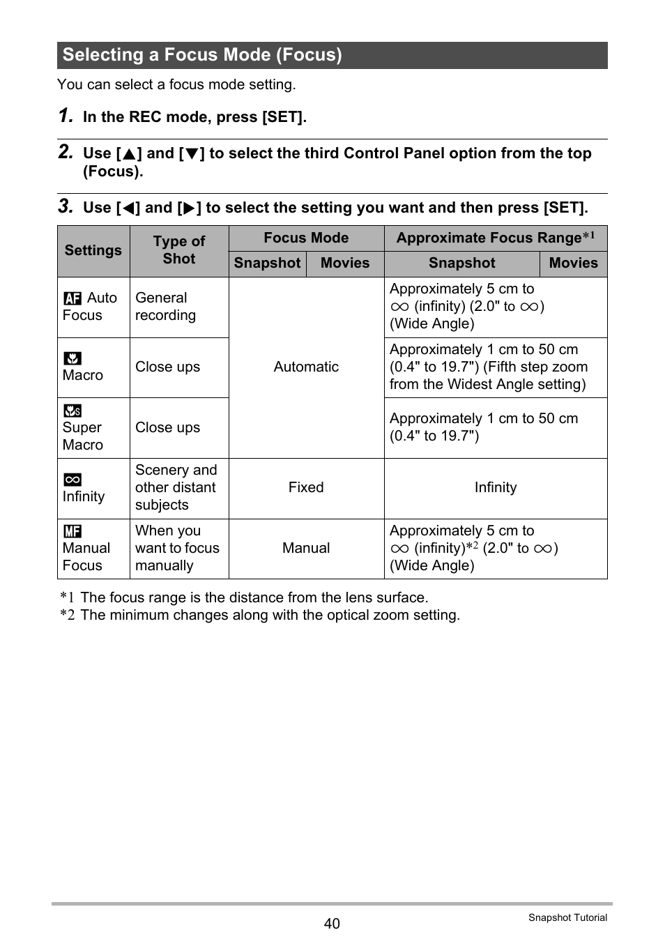 Selecting a focus mode (focus) | Casio EX-H35 User Manual | Page 40 / 180