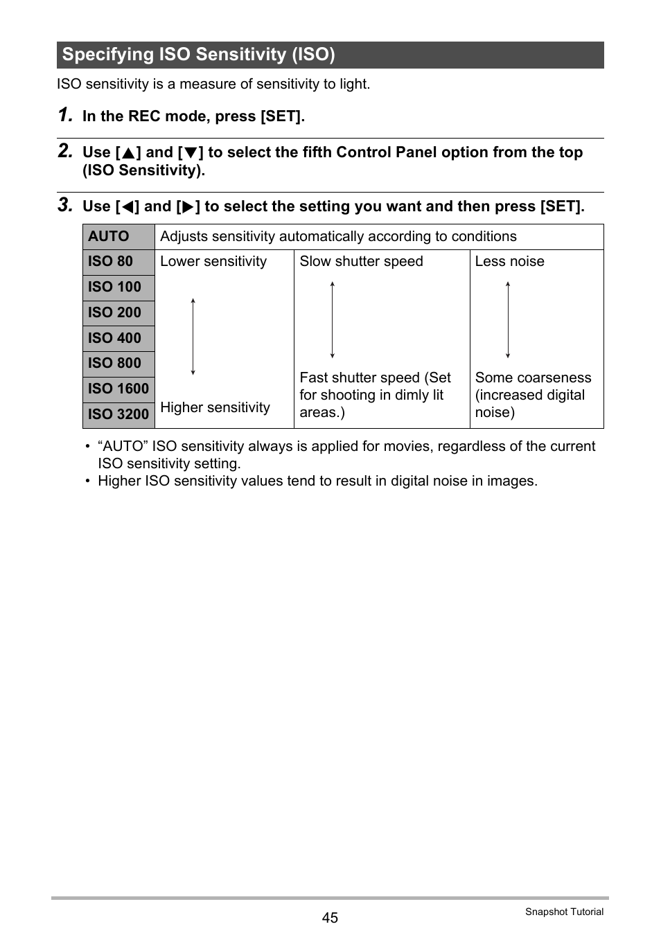 Specifying iso sensitivity (iso) | Casio EX-H35 User Manual | Page 45 / 180