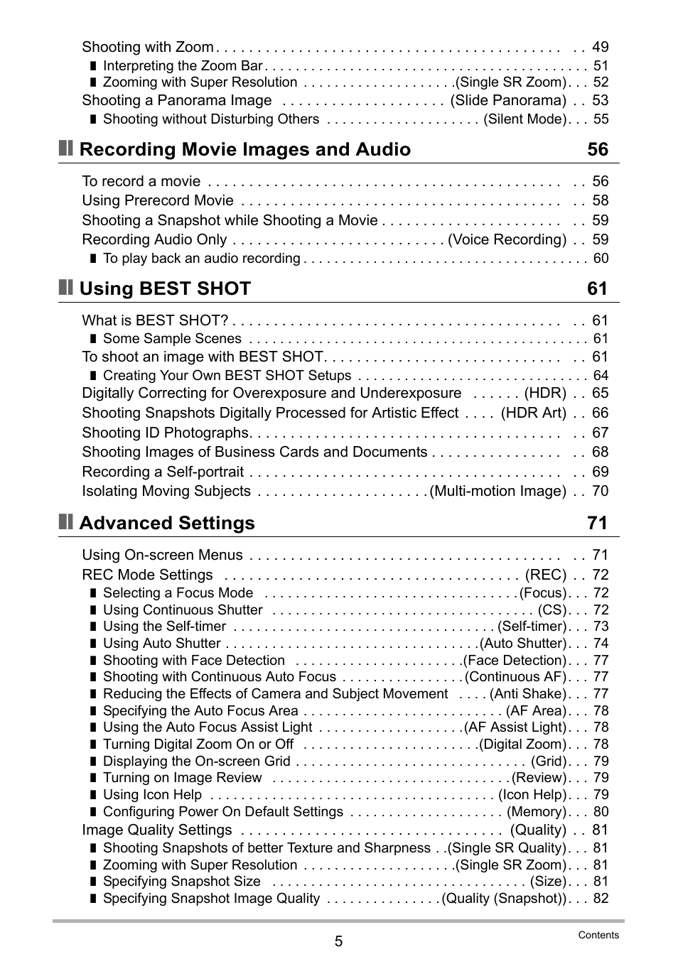 Recording movie images and audio 56, Using best shot 61, Advanced settings 71 | Casio EX-H35 User Manual | Page 5 / 180