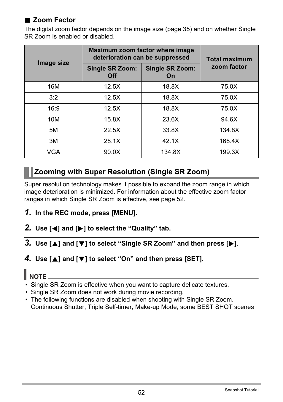 Zooming with super resolution (single sr zoom) | Casio EX-H35 User Manual | Page 52 / 180