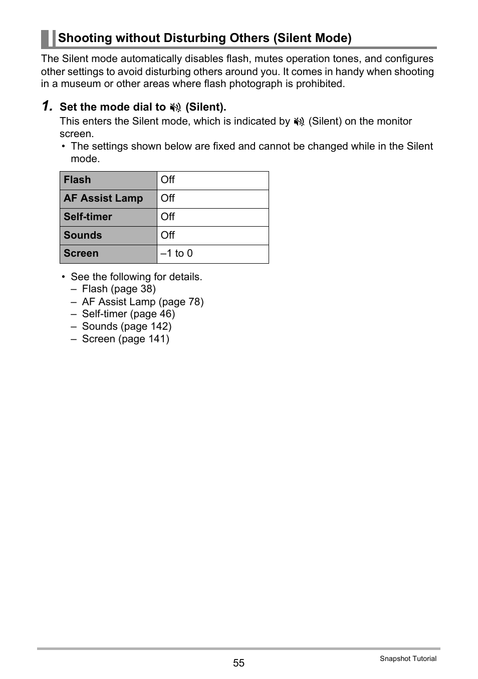 Shooting without disturbing others (silent mode) | Casio EX-H35 User Manual | Page 55 / 180
