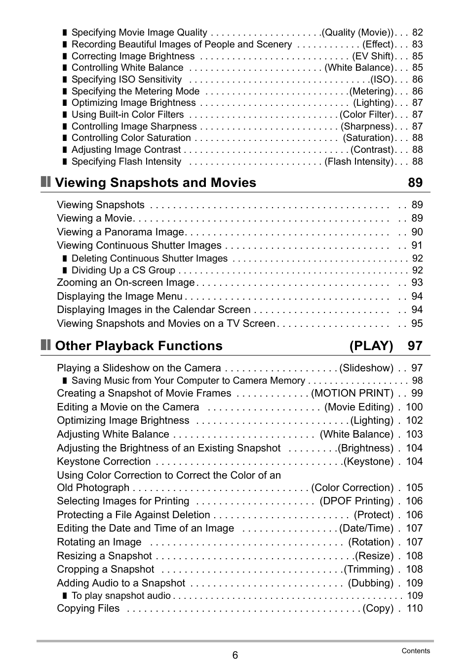 Viewing snapshots and movies 89, Other playback functions (play) 97 | Casio EX-H35 User Manual | Page 6 / 180