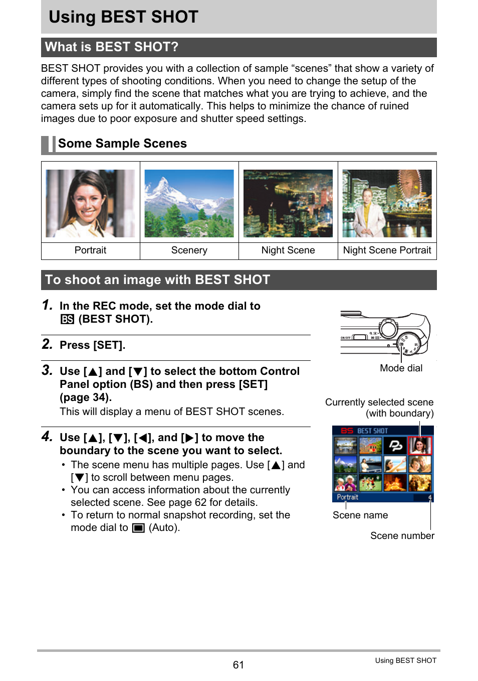 Using best shot, What is best shot, Some sample scenes | To shoot an image with best shot, 61), you can sel | Casio EX-H35 User Manual | Page 61 / 180