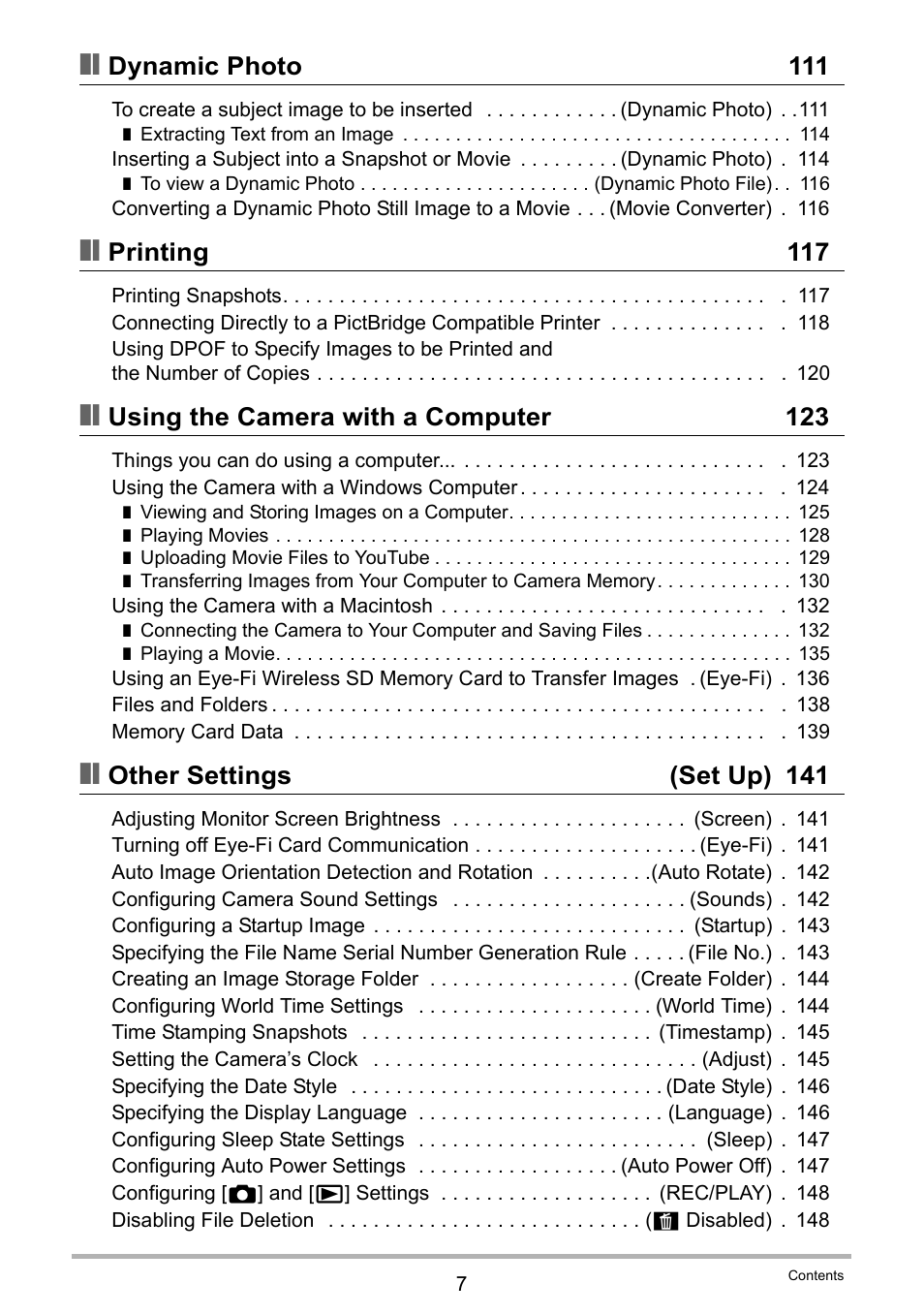 Dynamic photo 111, Printing 117, Using the camera with a computer 123 | Other settings (set up) 141 | Casio EX-H35 User Manual | Page 7 / 180