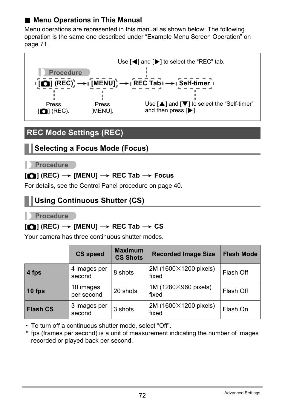 Rec mode settings (rec), Selecting a focus mode (focus), Using continuous shutter (cs) | Casio EX-H35 User Manual | Page 72 / 180