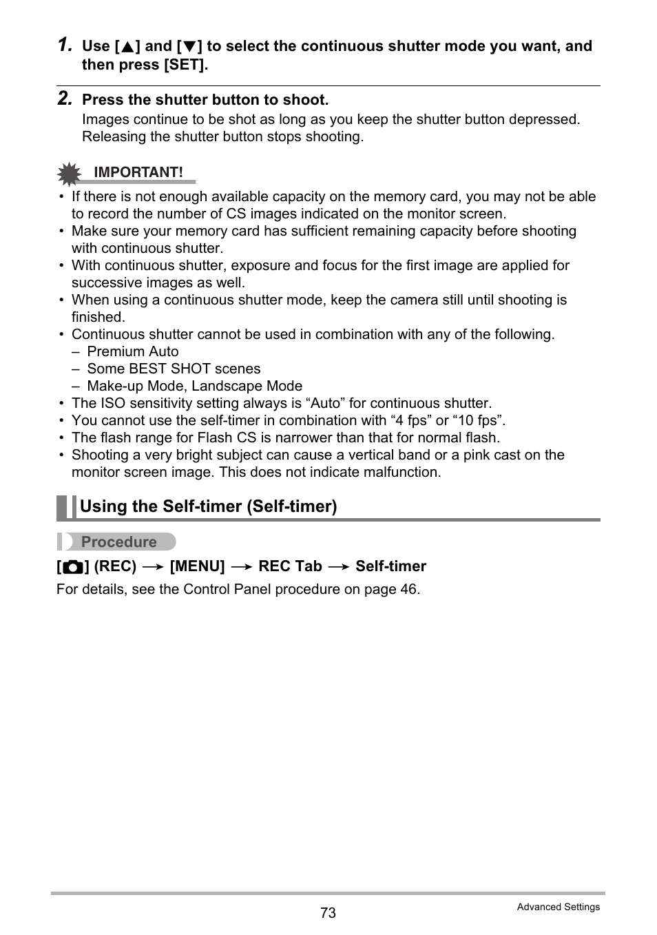 Using the self-timer (self-timer) | Casio EX-H35 User Manual | Page 73 / 180