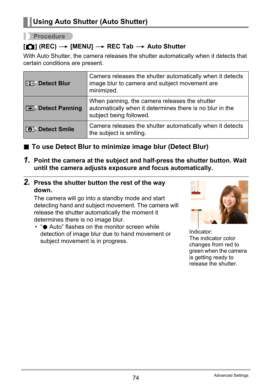 Using auto shutter (auto shutter) | Casio EX-H35 User Manual | Page 74 / 180