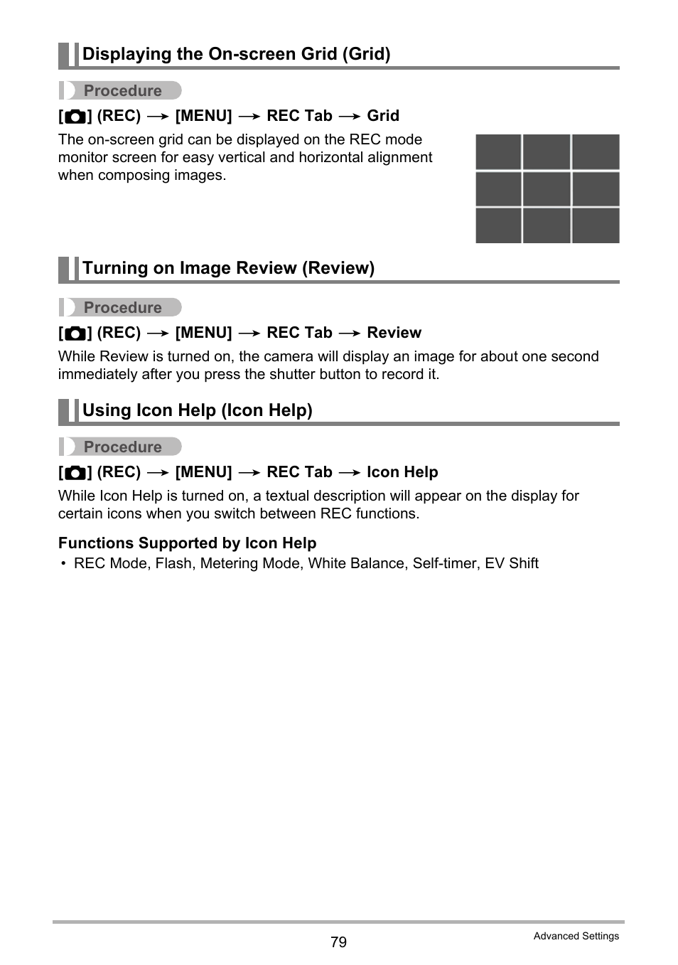 Displaying the on-screen grid (grid), Turning on image review (review), Using icon help (icon help) | Casio EX-H35 User Manual | Page 79 / 180