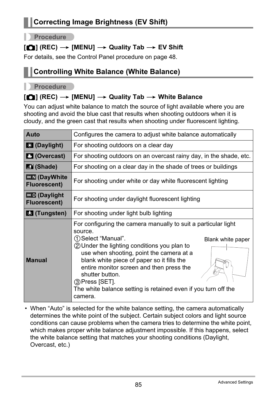 Correcting image brightness (ev shift), Controlling white balance (white balance) | Casio EX-H35 User Manual | Page 85 / 180