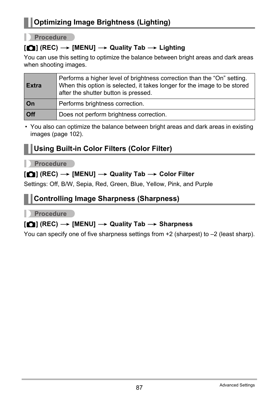 Optimizing image brightness (lighting), Using built-in color filters (color filter), Controlling image sharpness (sharpness) | Casio EX-H35 User Manual | Page 87 / 180